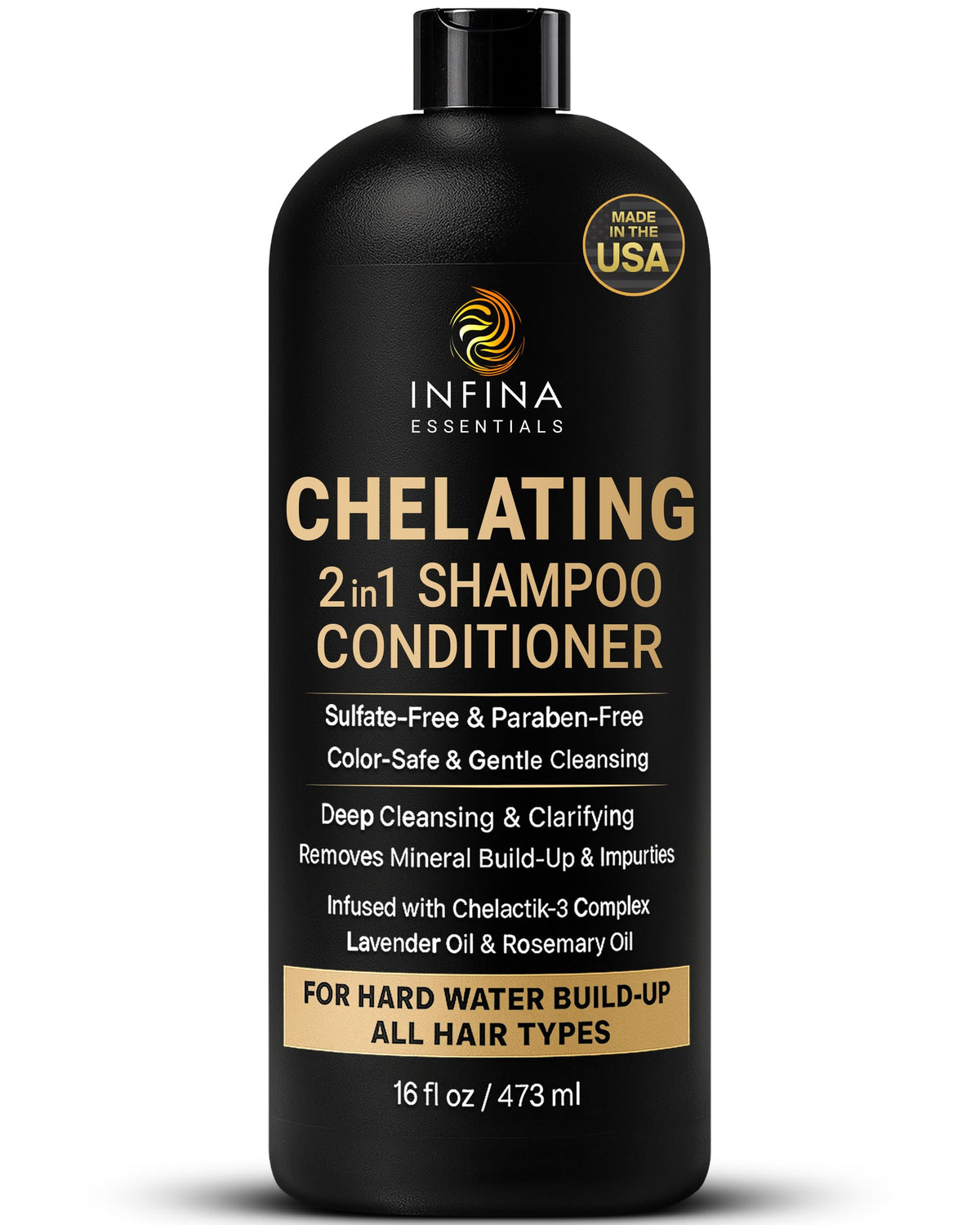 Infina Essentials hard water shampoo bottle pour showing easy two-in-one cleansing for mineral buildup relief