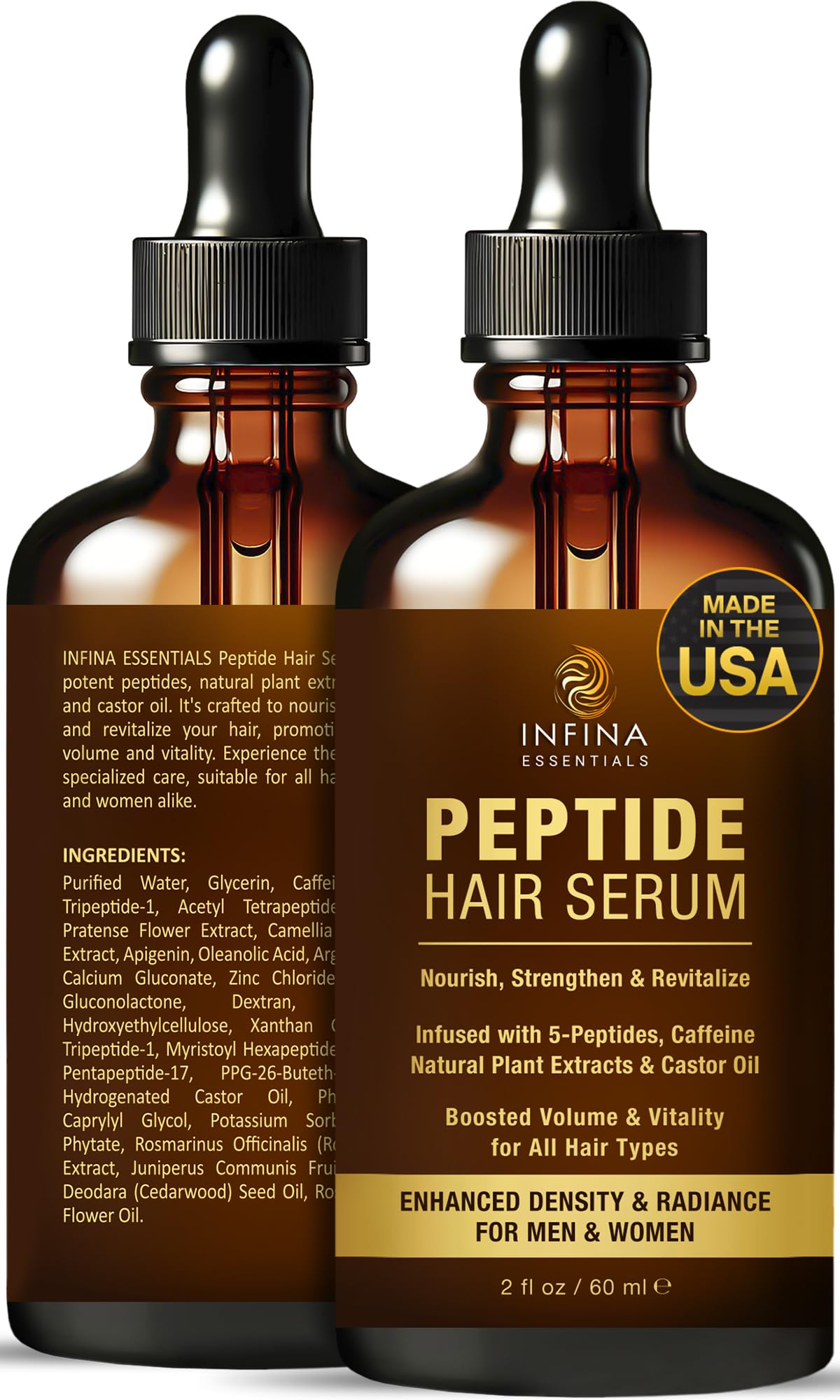 INFINA ESSENTIALS peptide hair serum packaging emphasizing 2oz size