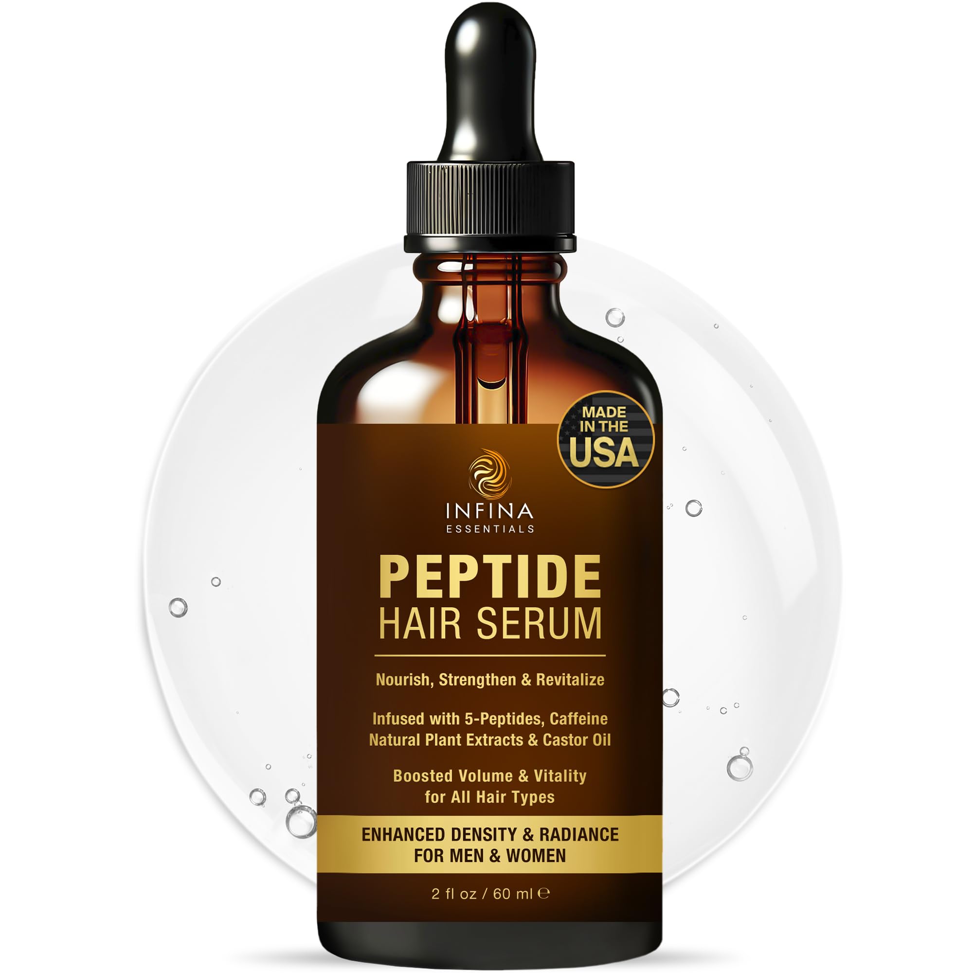 INFINA ESSENTIALS peptide hair serum bottle shown for daily scalp nourishment and growth support