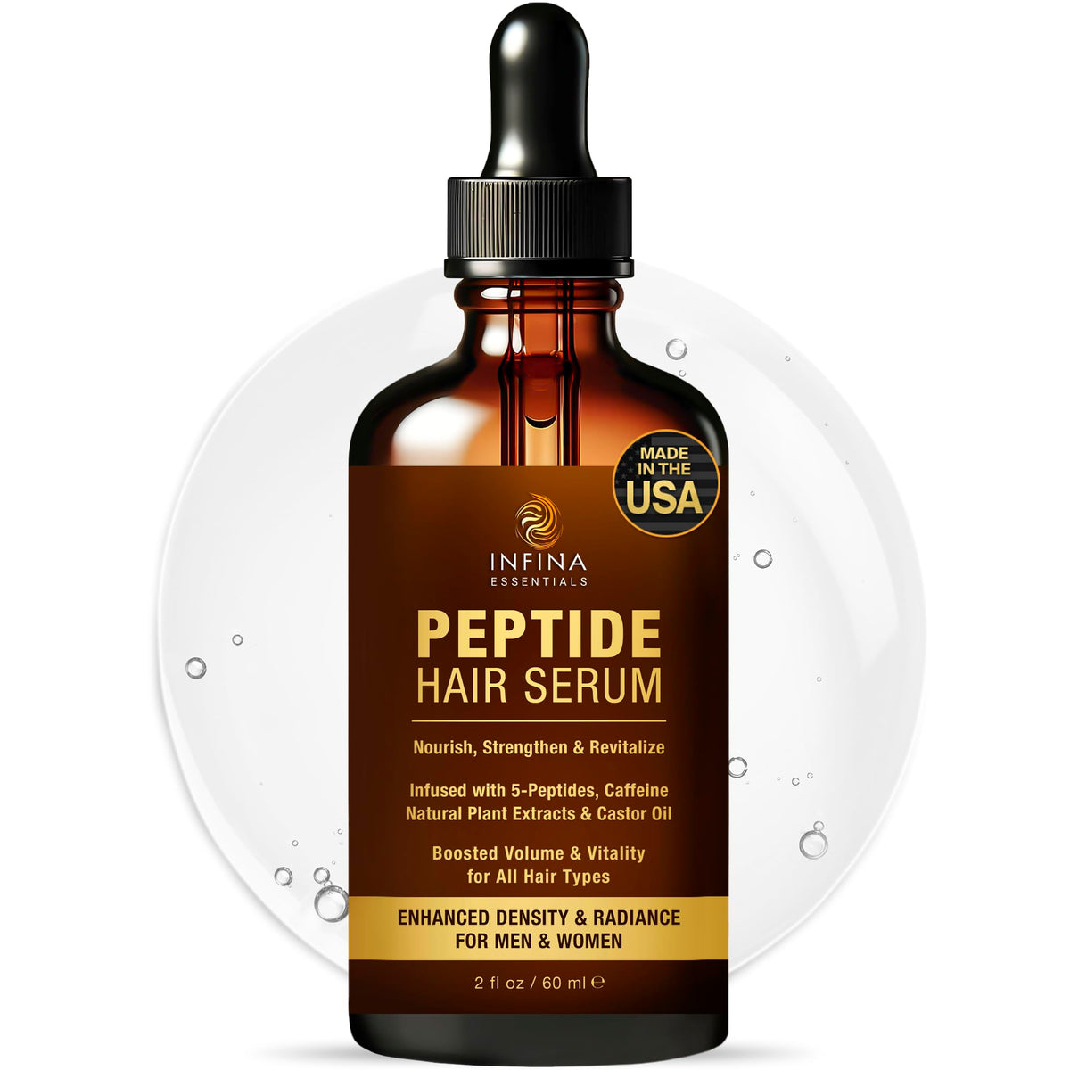 INFINA ESSENTIALS peptide hair serum bottle shown for daily scalp nourishment and growth support