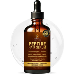 INFINA ESSENTIALS peptide hair serum bottle shown for daily scalp nourishment and growth support