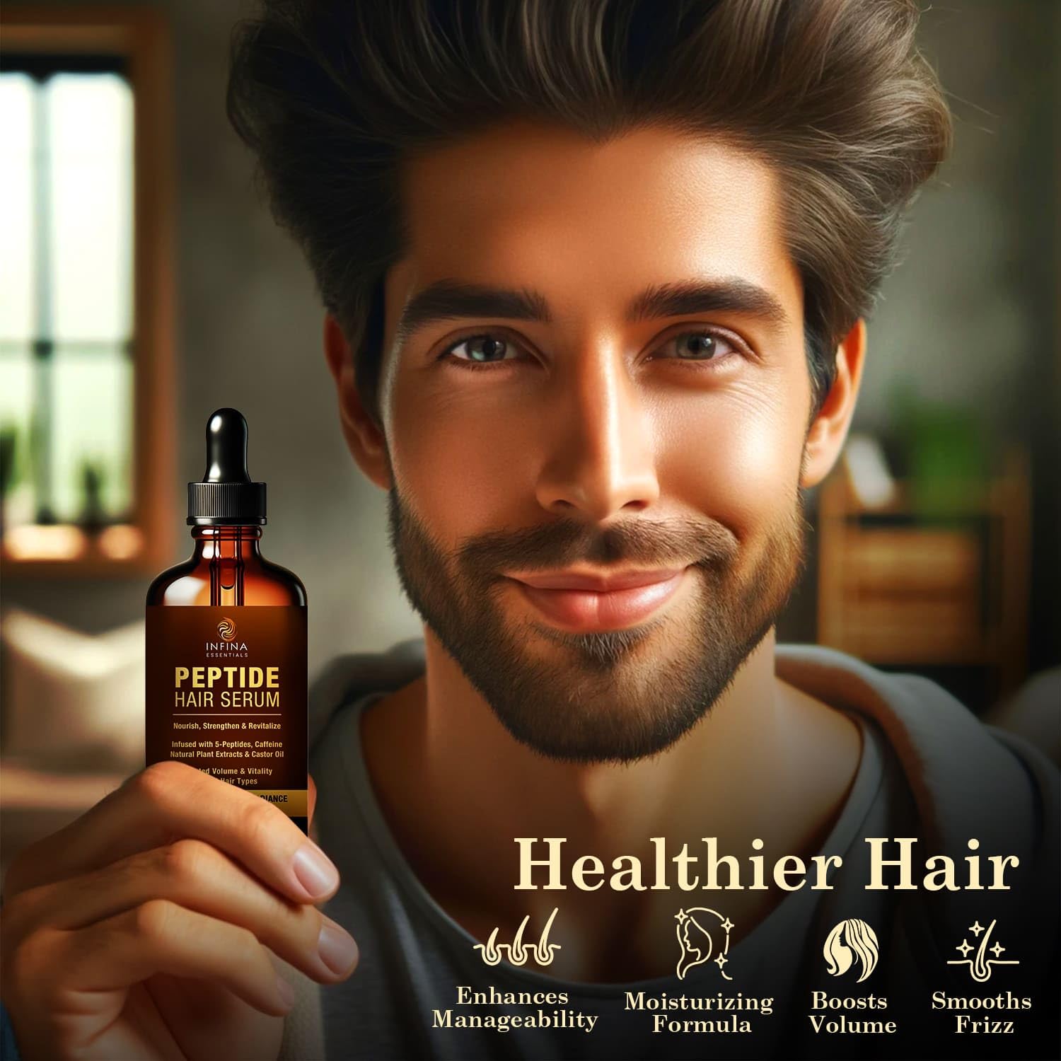 INFINA ESSENTIALS peptide hair serum concept image focusing on frizz control
