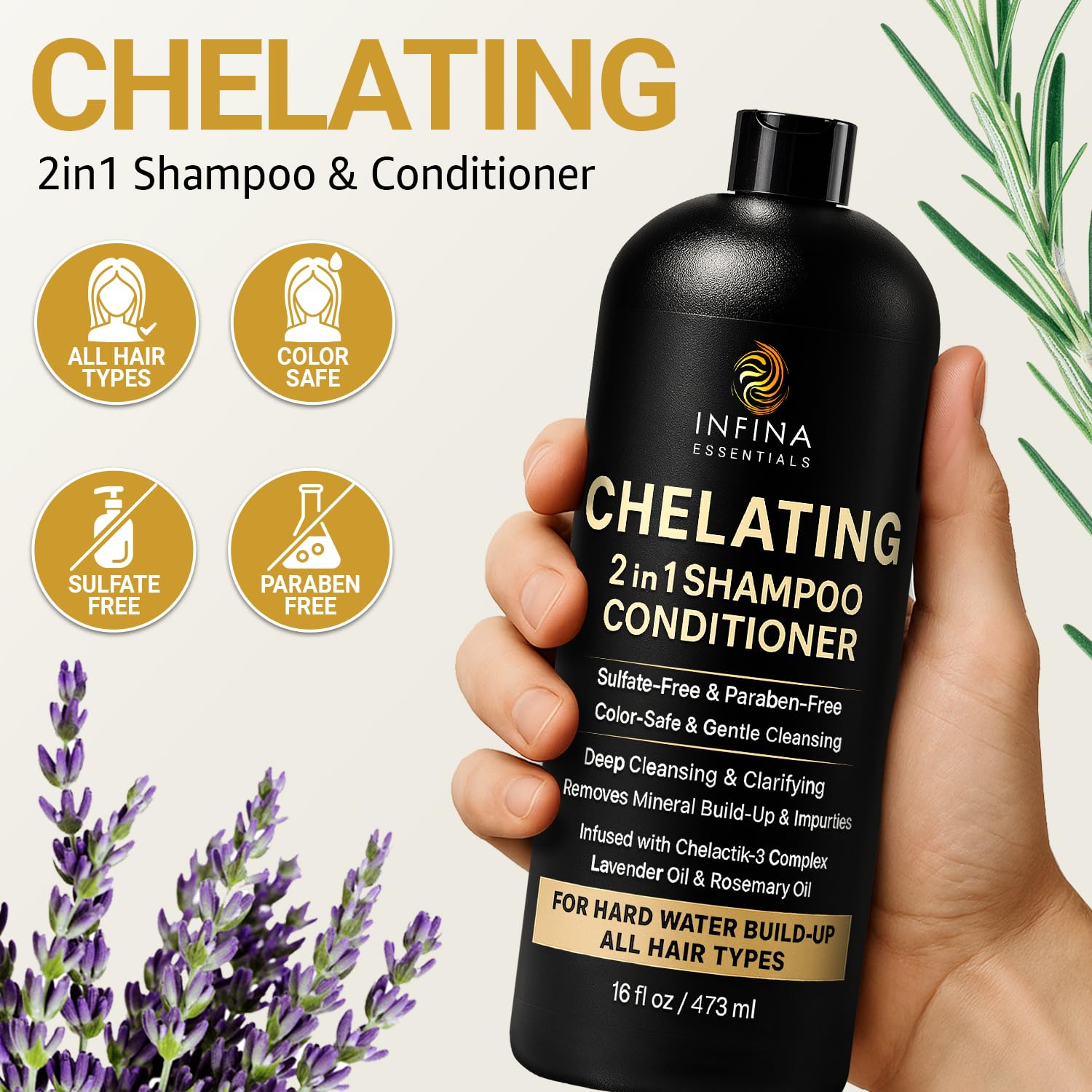 Infina Essentials bottle features rosemary and lavender oils for scalp soothing