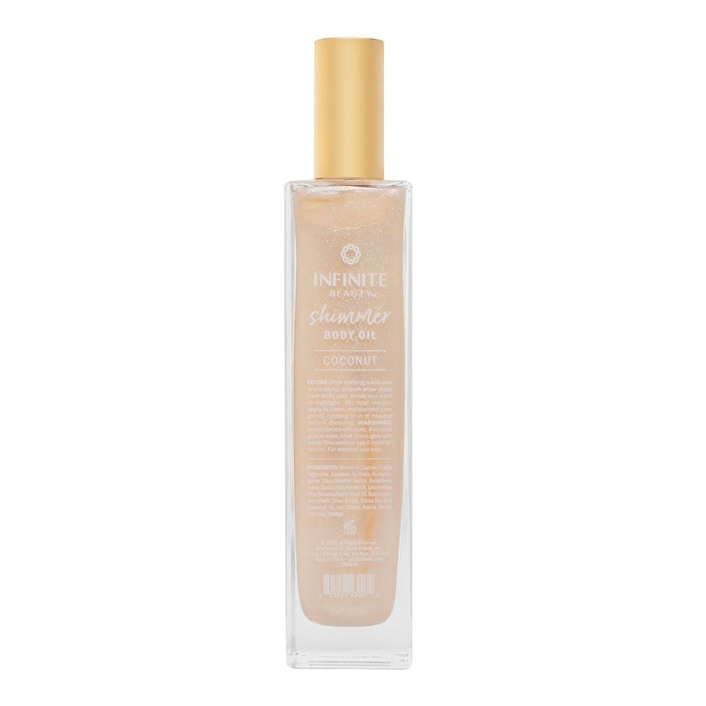 Infinite Beauty Shimmer Body Oil on skin with gold shimmer adds luxury