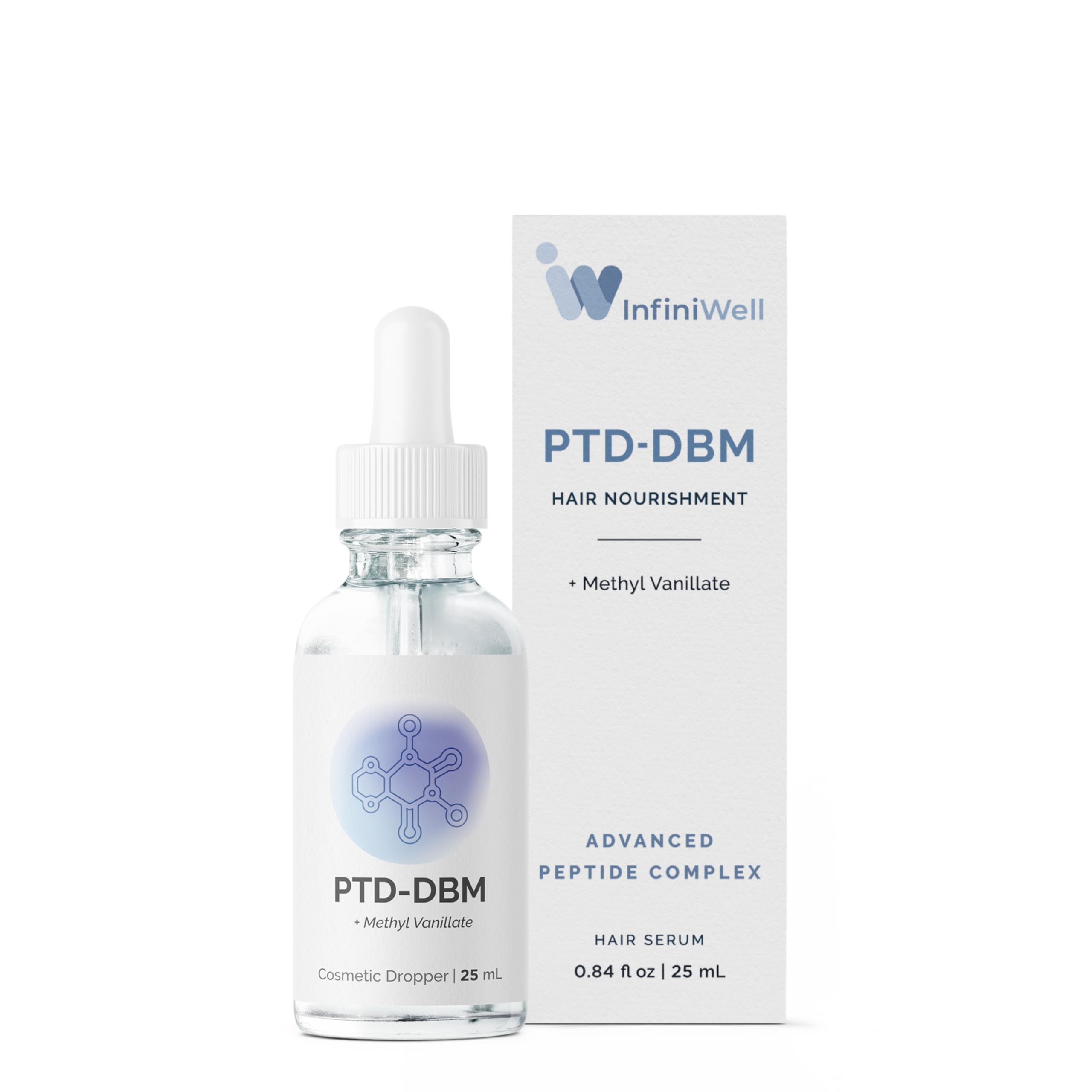 InfiniWell PTD-DBM serum bottle on a clean counter for daily scalp renewal potential.