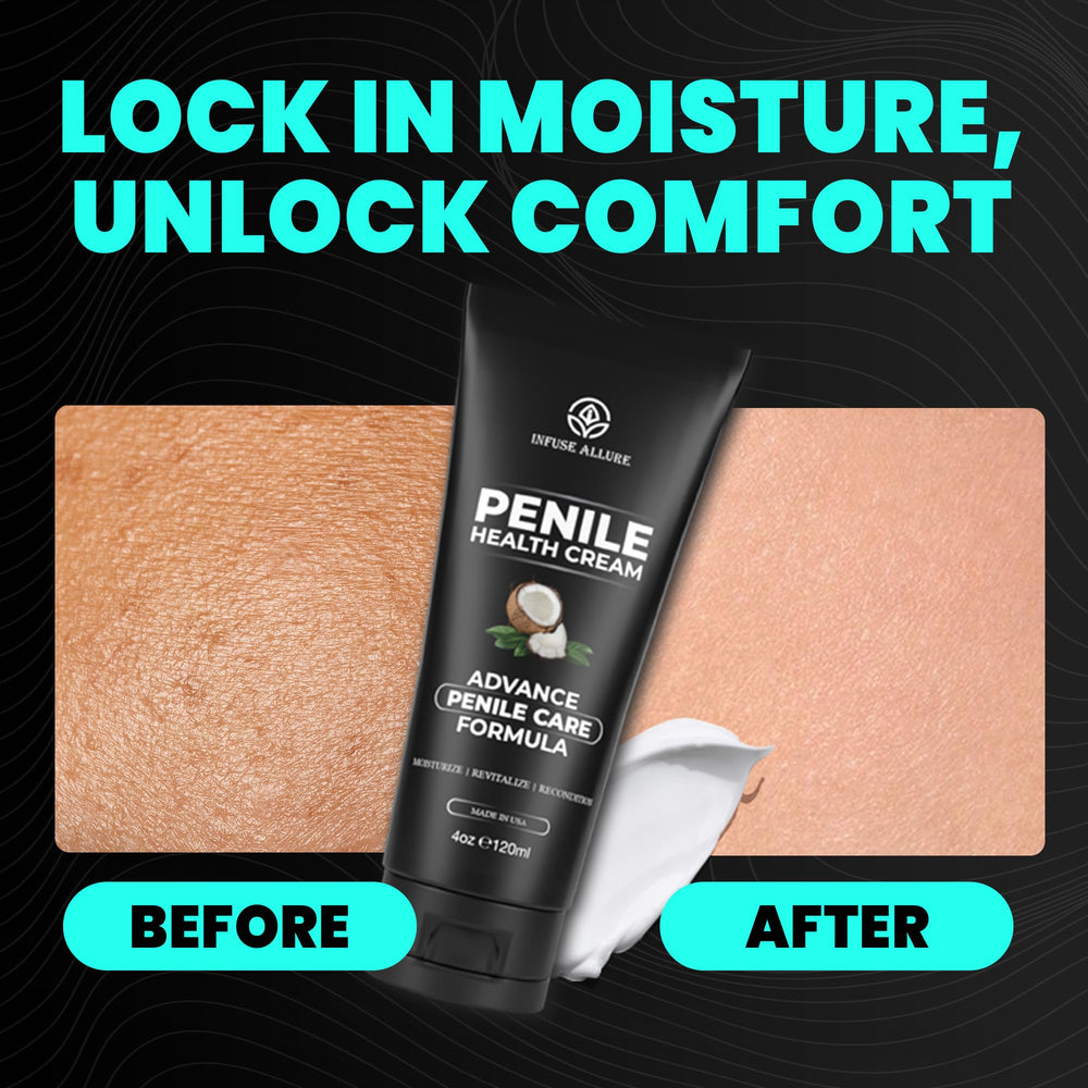 Infuse Allurè Happy Men’s Comfort Cream daily routine setup on counter.