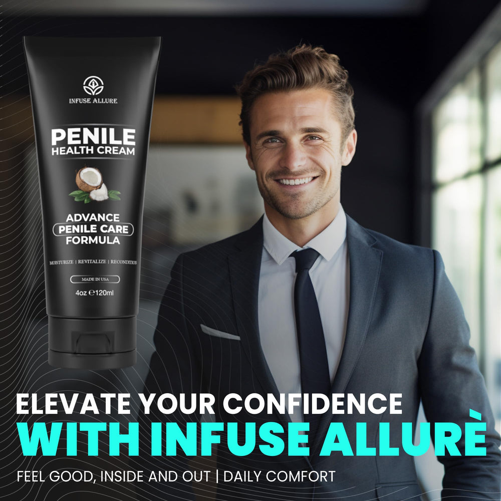 Infuse Allurè Happy Men’s Comfort Cream ingredients panel highlights vitamins.