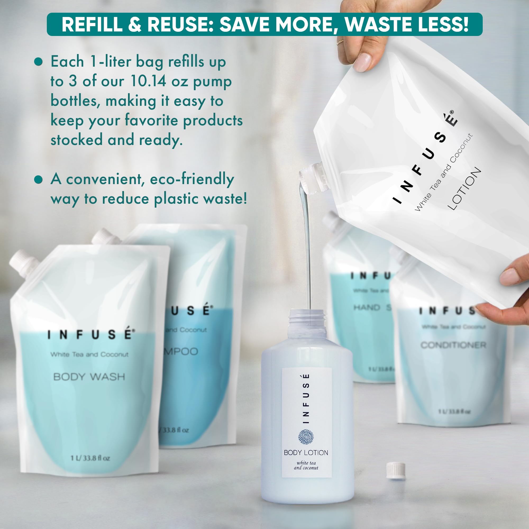 INFUSÉ set of 3 refill bags ideal for guest bathrooms in hotels.