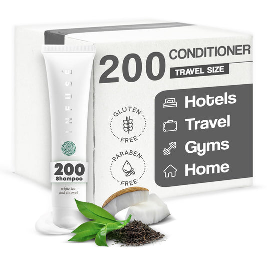INFUSÉ travel-size conditioner bottle—compact 1 oz, ideal for easy hotel restocking.