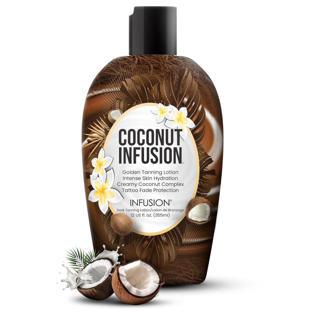 Infusion Coconut Infusion tanning lotion bottle pour for even application.