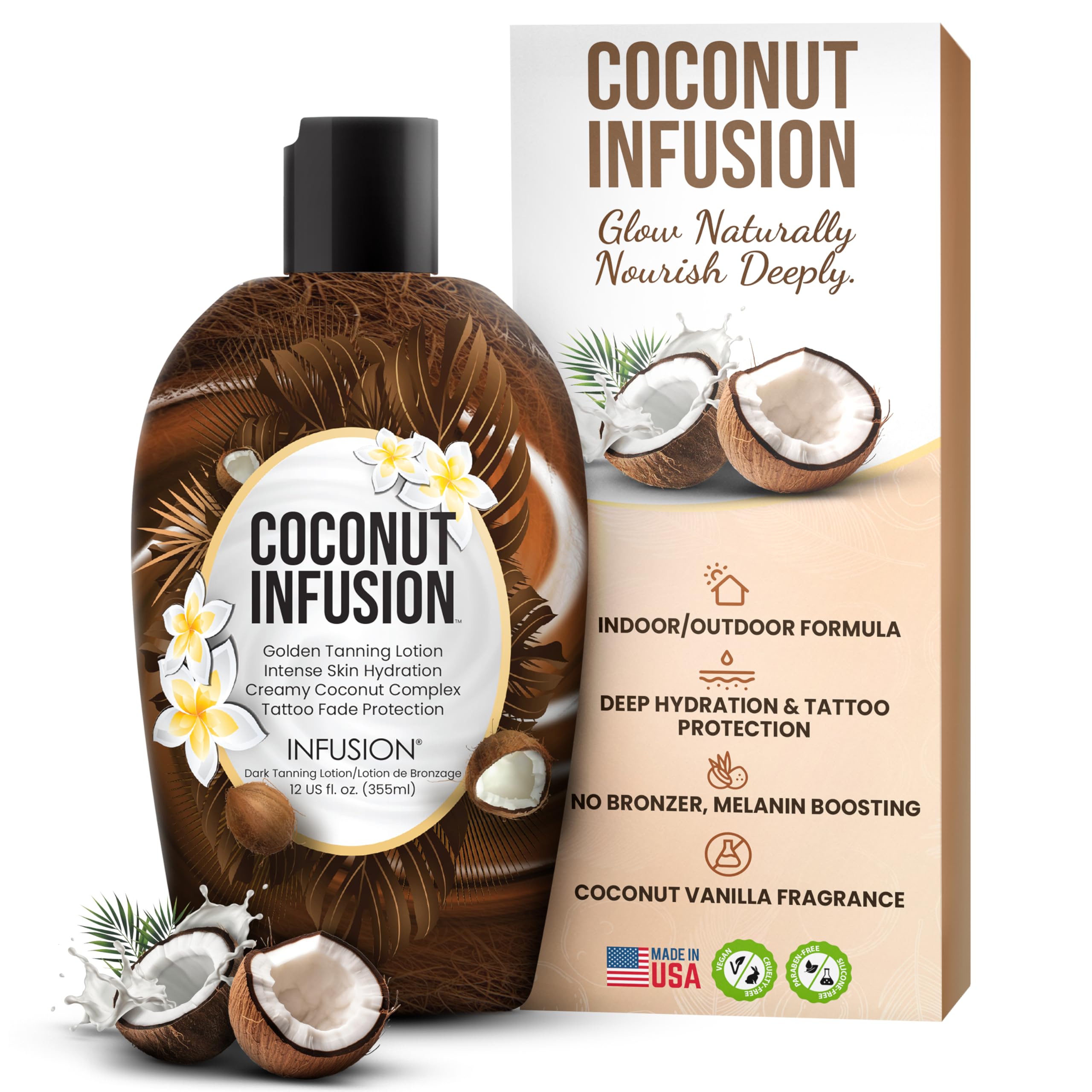 Infusion Coconut Infusion tanning lotion vanilla fragrance for a tropical scent.