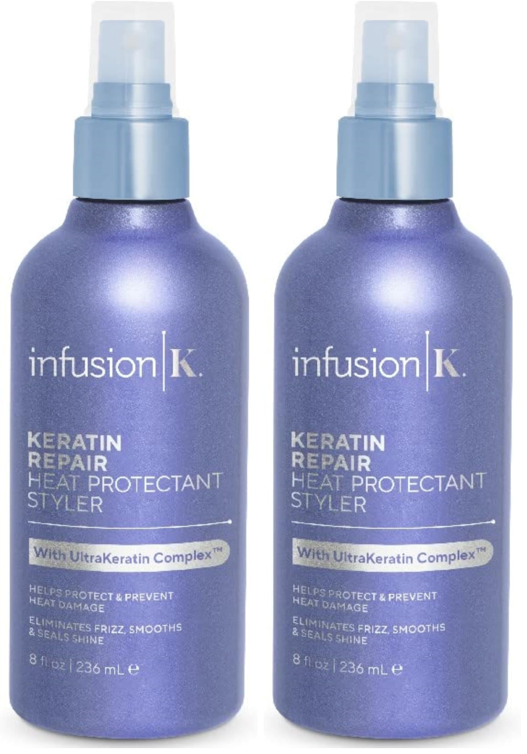 Infusion K heat protectant styler bottle with sprayer for even coverage.