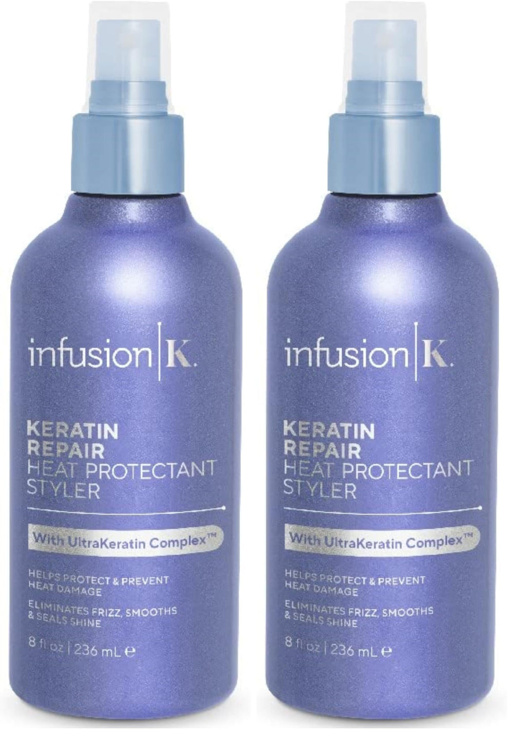 Infusion K heat protectant styler bottle with sprayer for even coverage.
