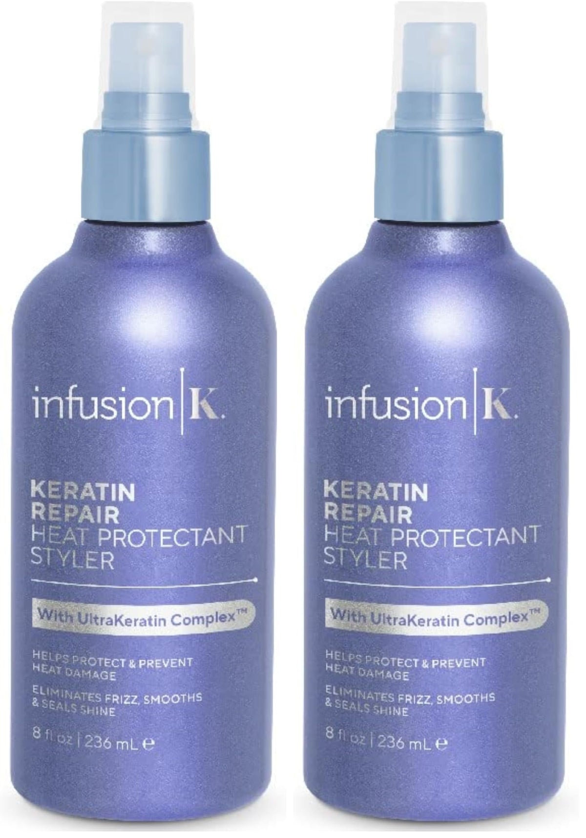 Infusion K heat protectant styler bottle with sprayer for even coverage.