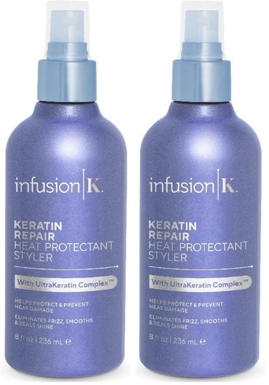 Infusion K heat protectant styler bottle with sprayer for even coverage.