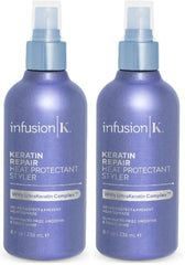 Infusion K heat protectant styler bottle with sprayer for even coverage.
