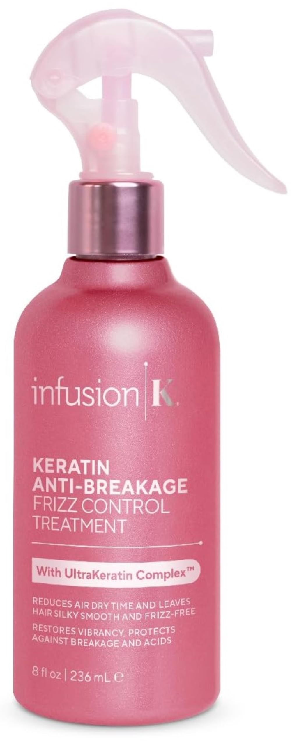 Infusion K Keratin anti-breakage frizz bottle pour for quick, smooth application and frizz control.