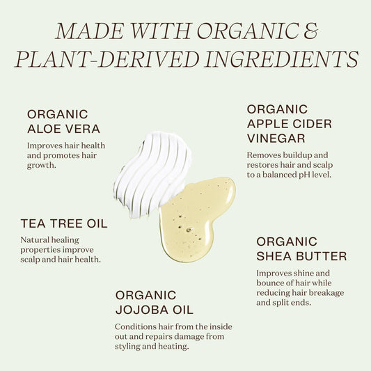 Ingreendients conditioner bottle with organic aloe and jojoba for detangling and softness.