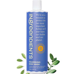 Ingreendients moisturizing body wash bottle on bathroom shelf for sensitive skin.