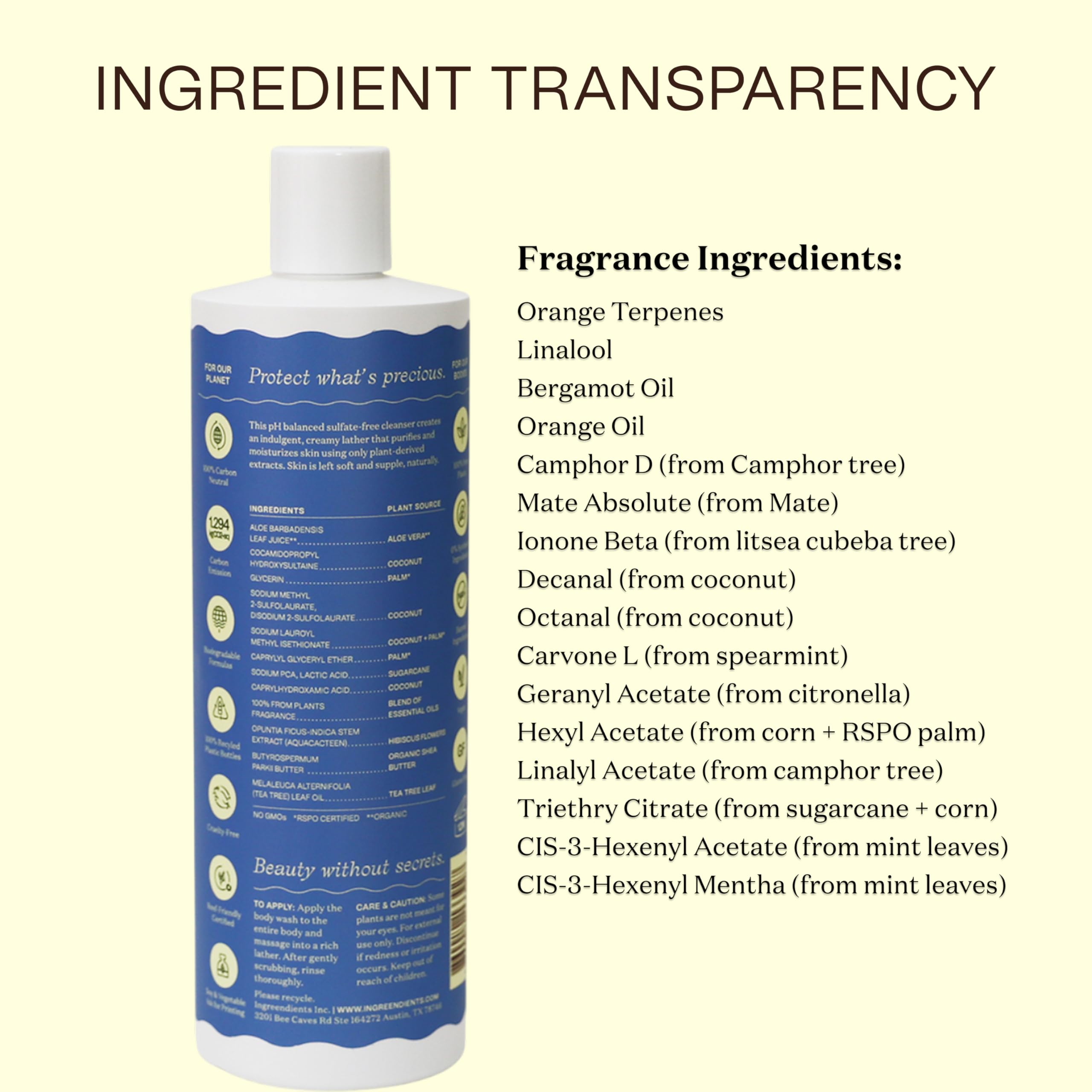 Ingreendients california-made bottle reflects small-batch care