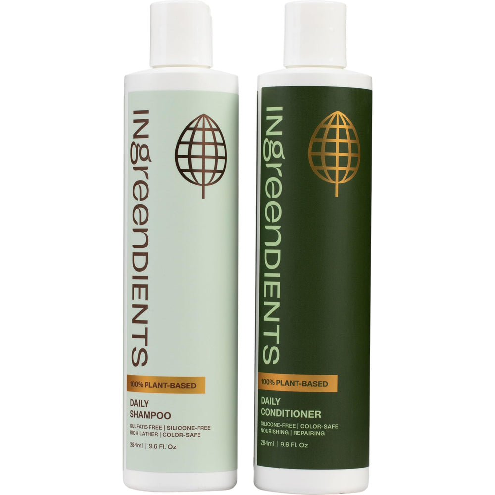 Ingreendients shampoo bottle with organic aloe and jojoba for gentle cleansing.