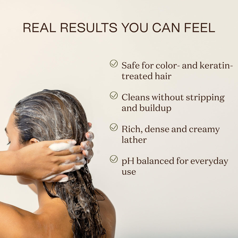 Sulfate-free creamy lather close-up implies clean rinse without dryness.