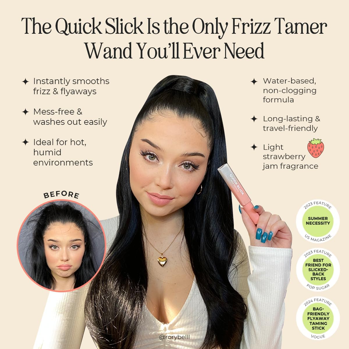 INH Hair Mascara for Flyaways on a ponytail showing a slick back look without heaviness