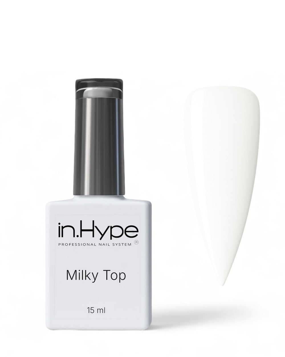 IN.HYPE Gel Cover Top Coat Milky bottle close-up for a smooth, even, natural-looking finish.