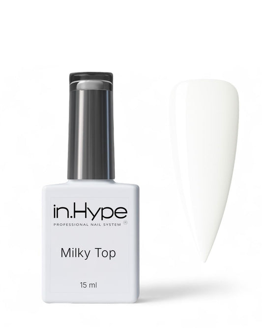 IN.HYPE Gel Cover Top Coat Milky bottle close-up for a smooth, even, natural-looking finish.