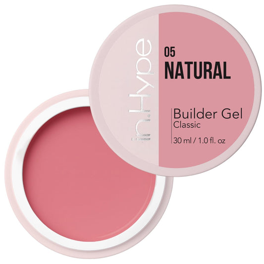 IN.HYPE Sculpting Builder Gel bottle closeup in natural pink for subtle extensions.