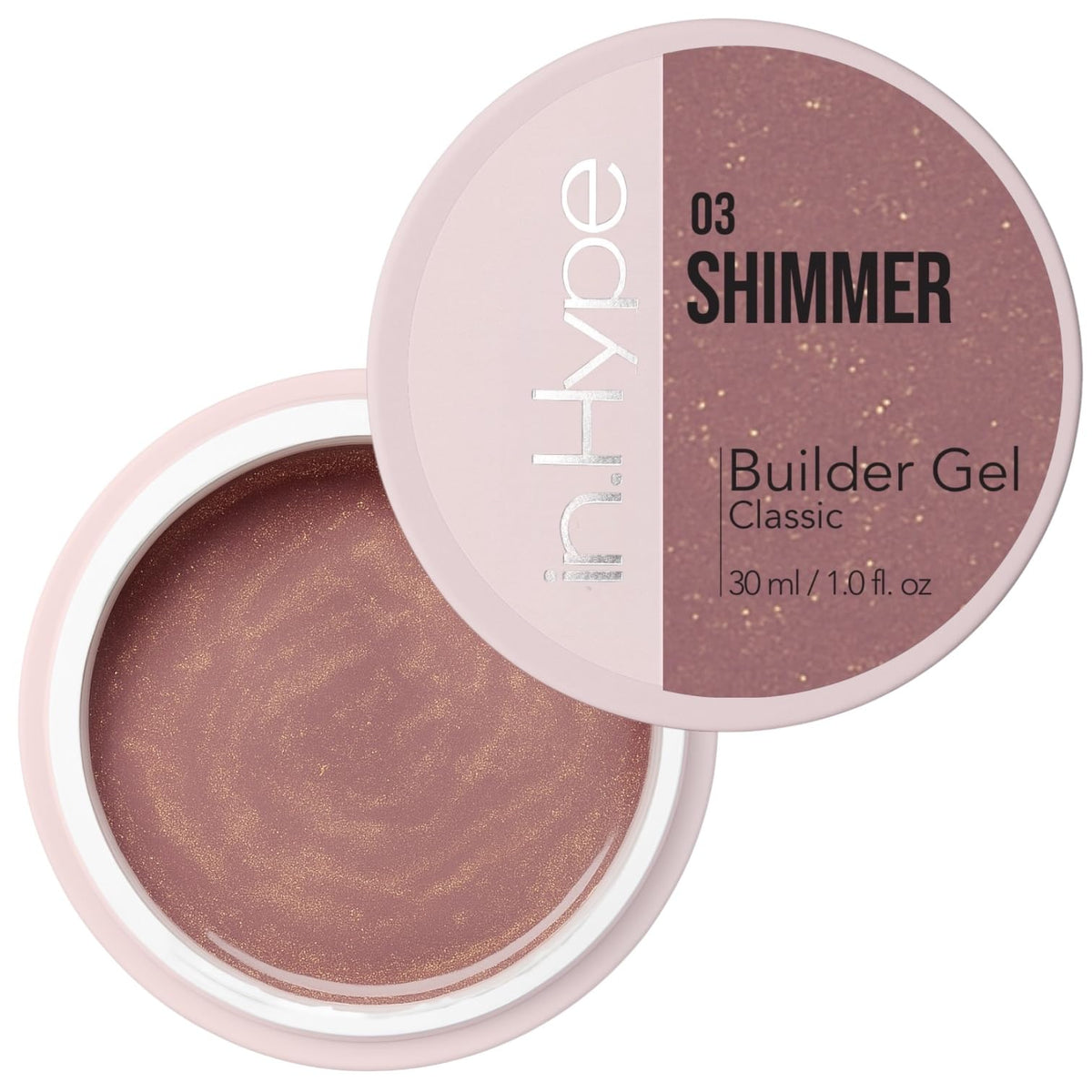 IN.HYPE UV/LED Camouflage Builder Gel Shimmer Nude bottle ready for effortless nail extensions.