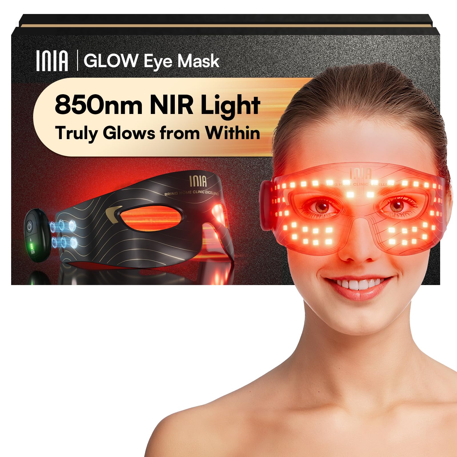 INIA red-light eye mask close-up for targeted under-eye treatment and smoother skin.
