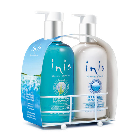 Inis energy of the sea caddy with hand wash and lotion enhances bathroom ambiance.