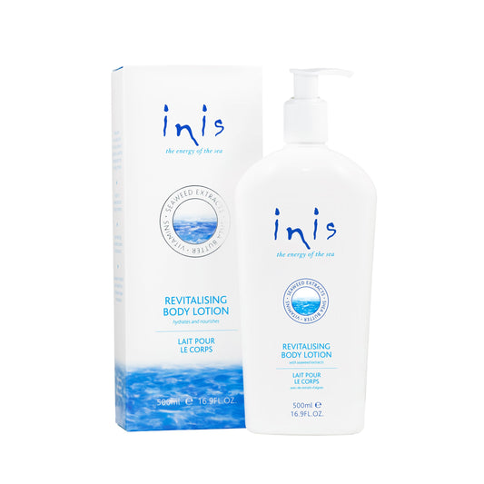 Inis Revitalizing Body Lotion bottle with pump closeup delivering hydrating coastal nourishment.