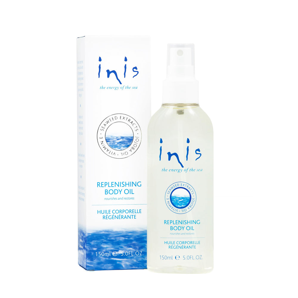 Inis Replenishing Body Oil bottle for lightweight hydration of dry skin.