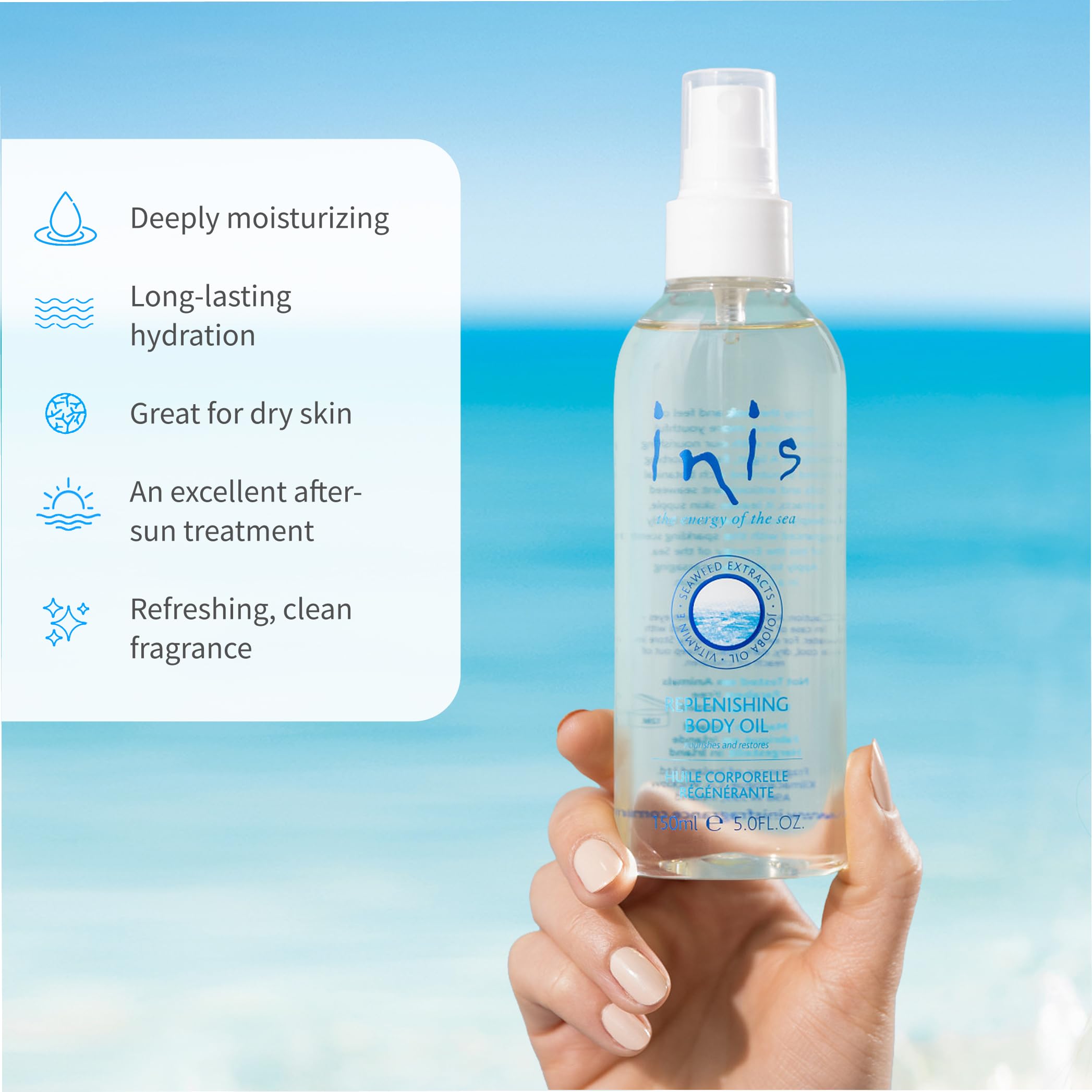 Seaweed extracts in Inis oil provide hydration and antioxidant support.