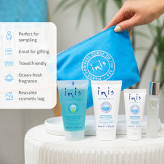Inis body lotion travel-size bottle for on-the-road hydration.