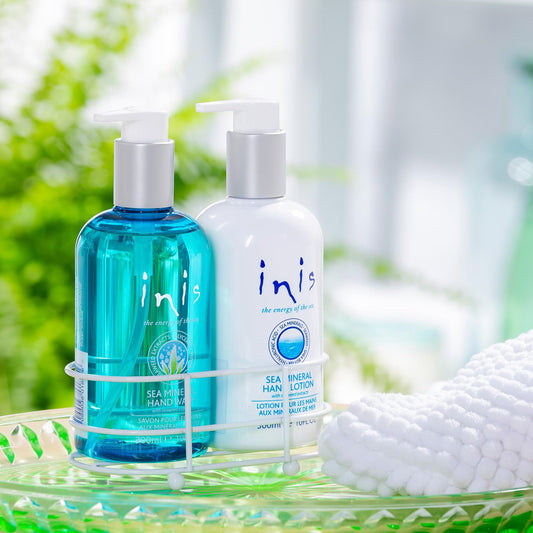 Inis hand wash bottle with nourishing seaweed formula cleanses gently.