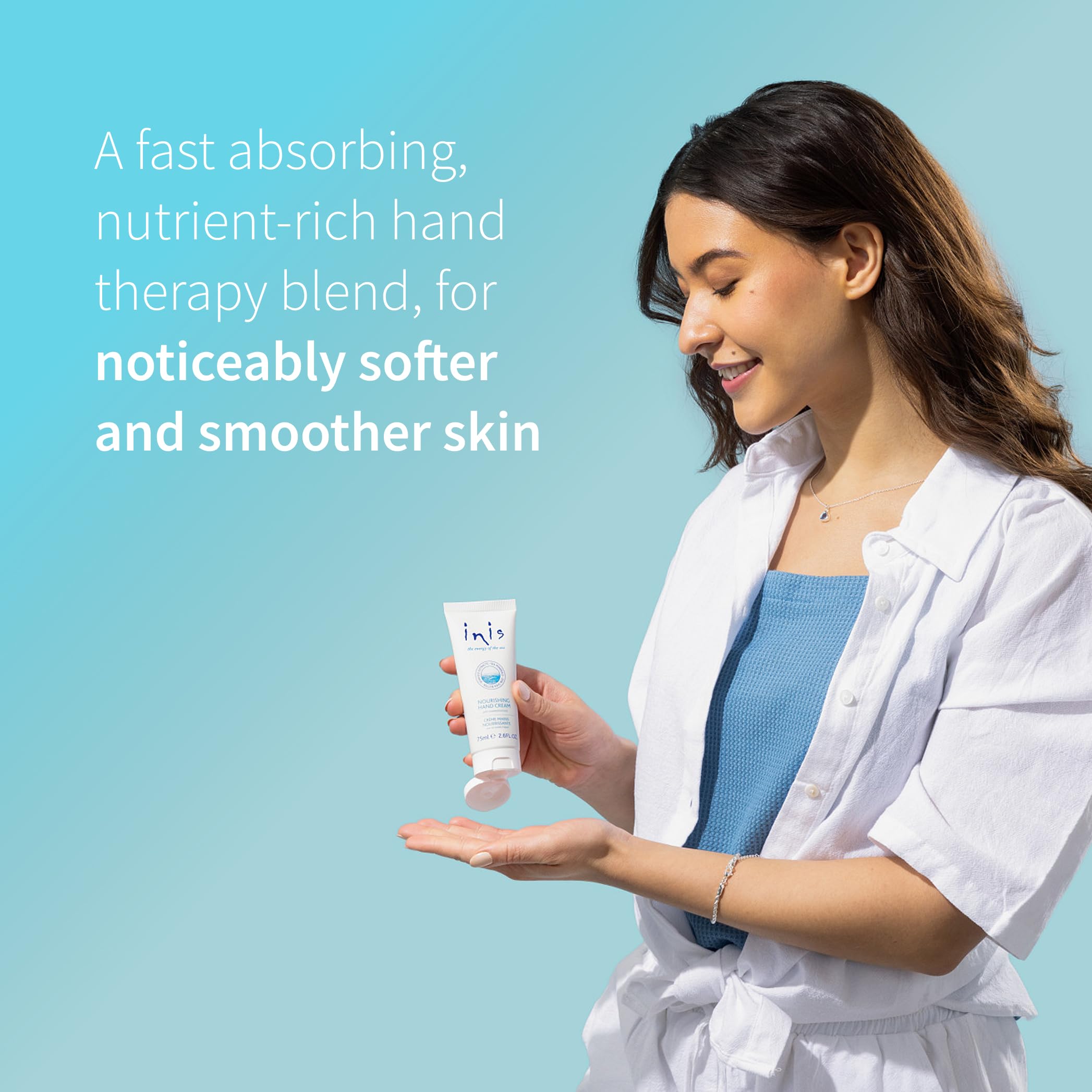 Inis Nourishing Hand Cream application on hands for smoother skin.
