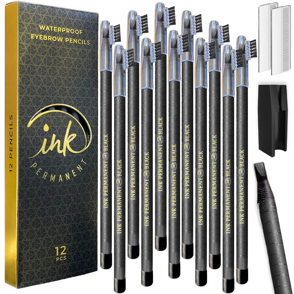 Ink Permanent 12-pack eyebrow pencil image showing natural-looking brow strokes for daily definition.