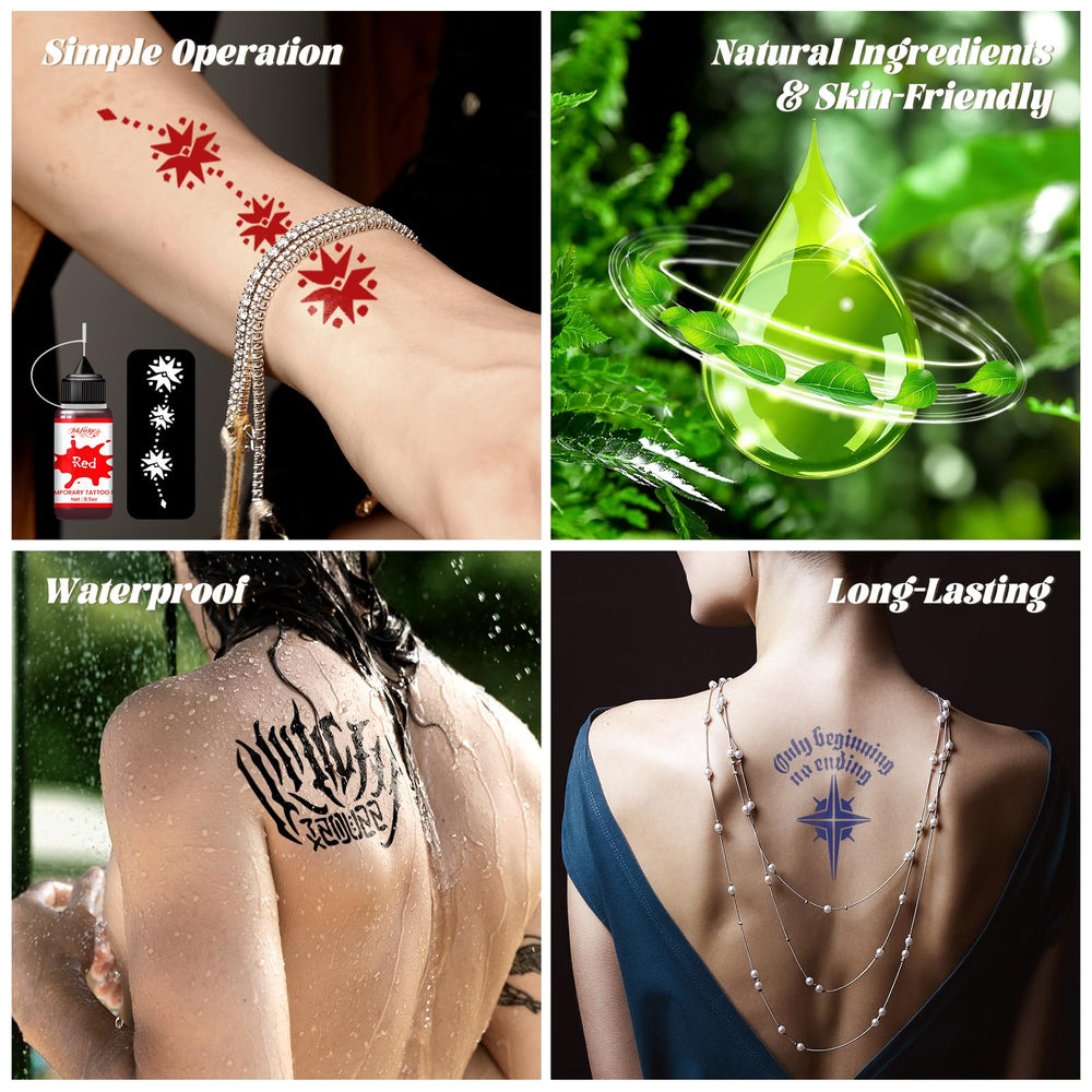 InkForge color bottles arranged for long-lasting, waterproof temporary tattoos.