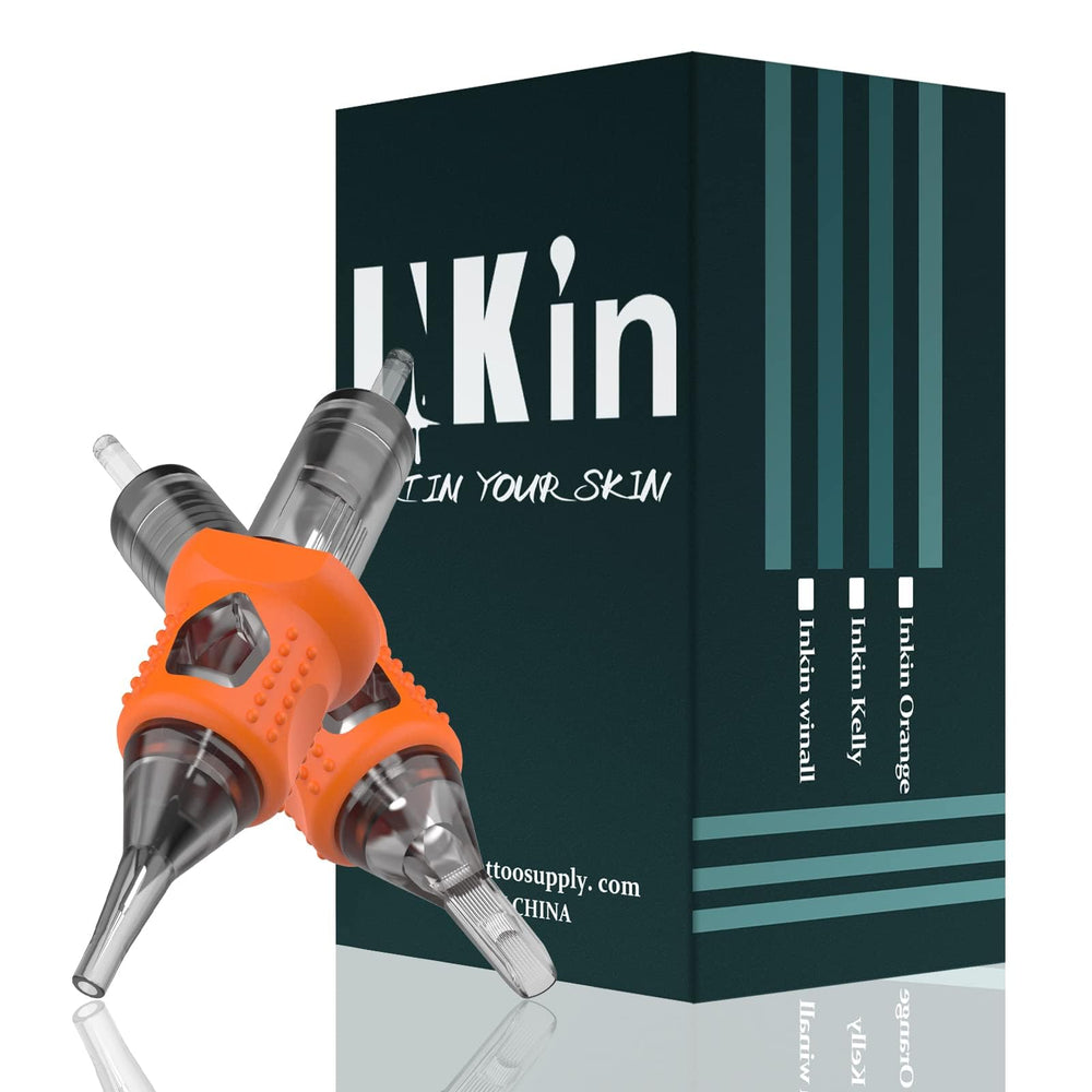 INKin tattoo cartridge needles with orange silicone wrap for secure grip and control