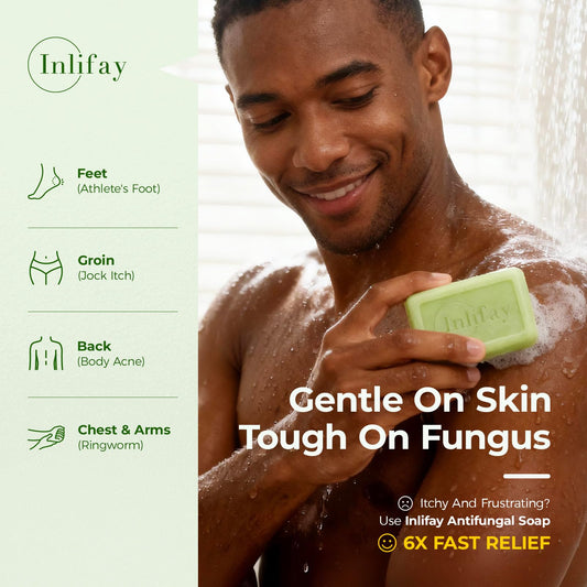 Inlifay soap bar closeup highlights tea tree oil ingredients for skin comfort.
