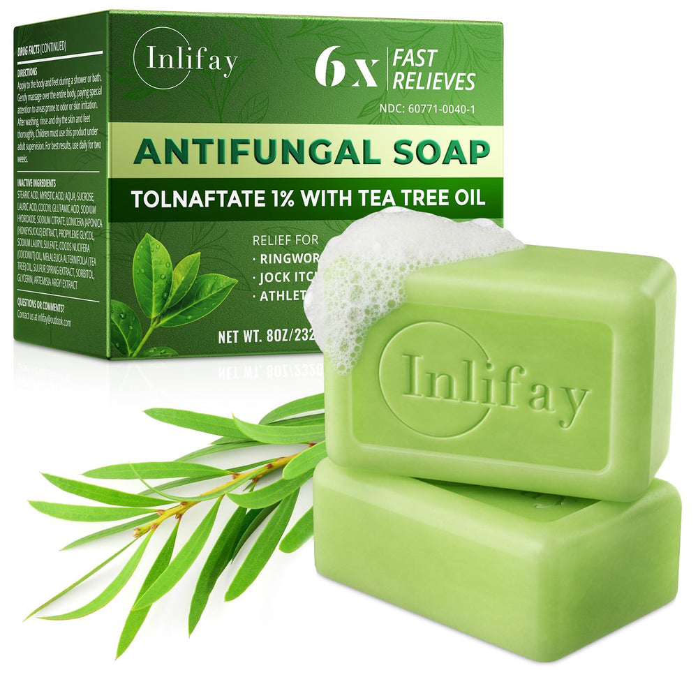 Inlifay antifungal soap bar with tea tree oil lather for clean, refreshed skin.