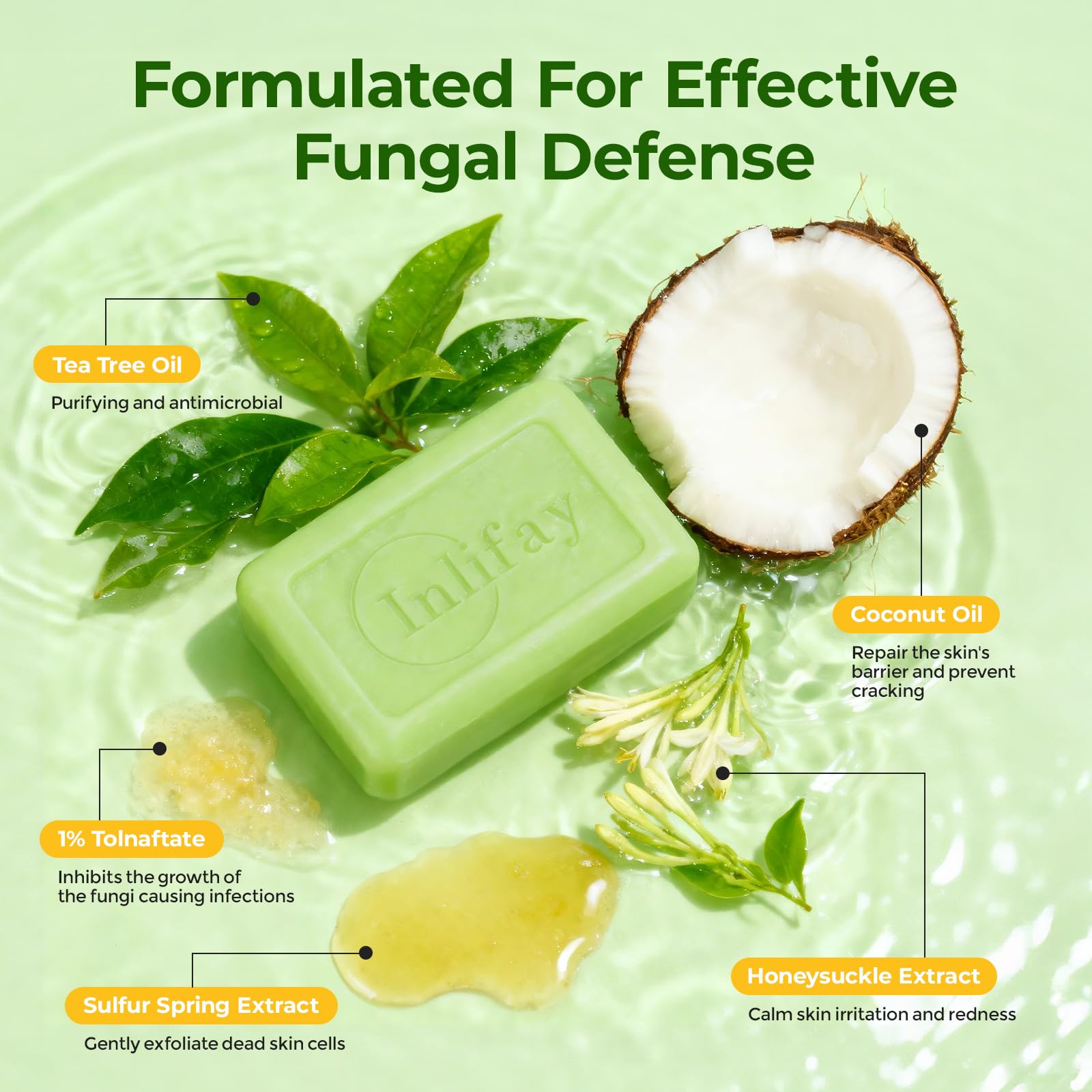 Inlifay antifungal soap bar unwrapped on bathroom shelf for daily cleansing.