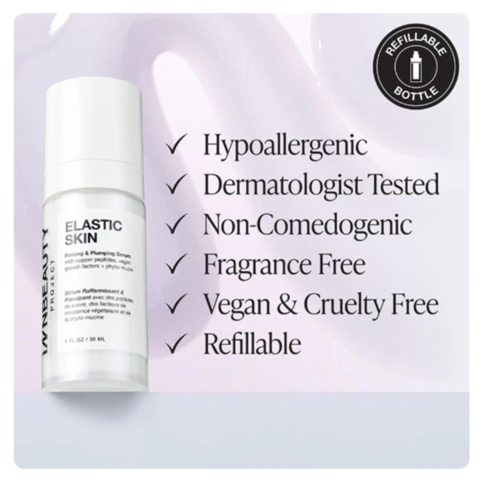 Packaging of Innbeauty Project Elastic Skin Serum highlighting vegan, clean formula