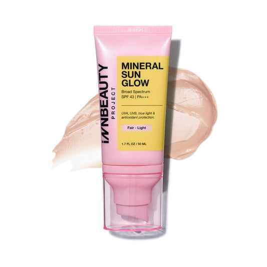 Innbeauty Project Mineral Sun Glow bottle shows tinted sunscreen with 24-hour hydration