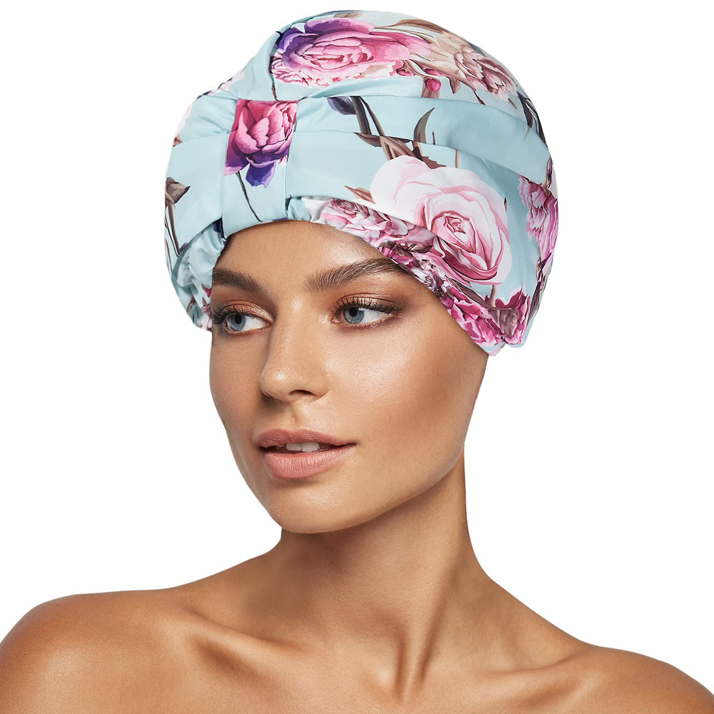 INNELO waterproof double-layer shower cap in green flower pattern keeps hair dry during showers