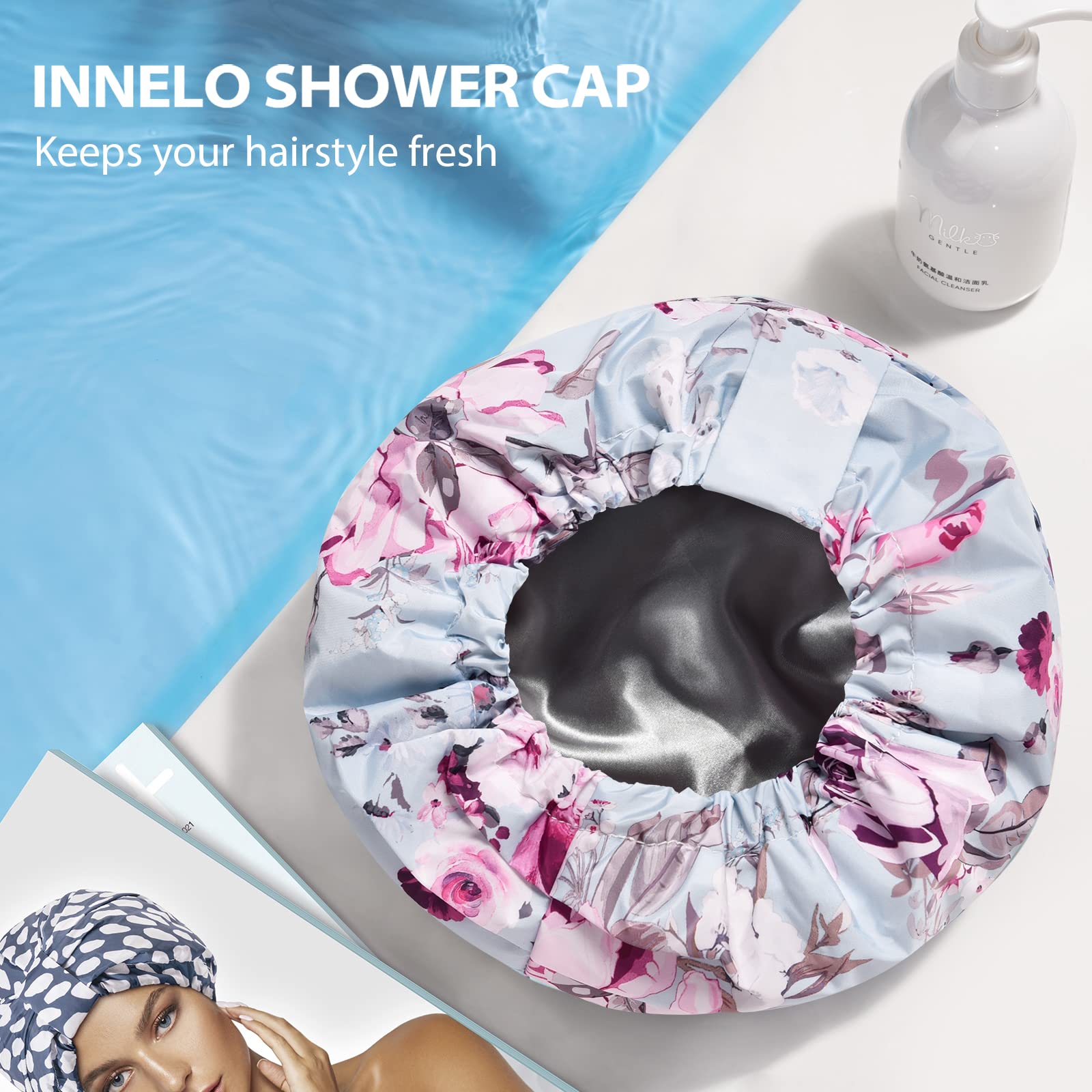 INNELO model wearing the cap on long hair demonstrating comfortable fit