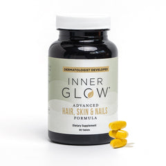 Inner Glow bottle front shows premium hair, skin & nails support